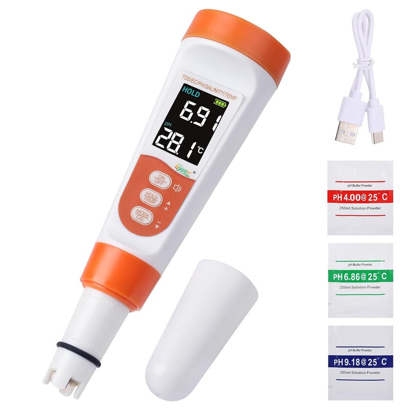 Hygger Pool Salt Tester & PH Meter, 5-in-1 Digital Pool Water Tester, High Accuracy Salinity PH Temp EC and TDS Saltwater Pool Test Kit for Aquarium Swimming Pool Hot Tub and Swim Spas - Image 1